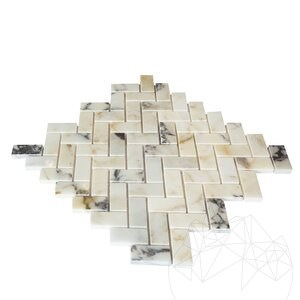 Arabescato Polished Marble Herringbone Mosaic, 2.3 x 5 cm