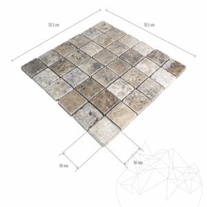 Silver Tumbled Travertine Mosaic, 4.8 x 4.8 cm