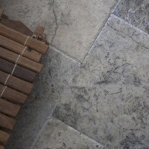 Silver Cross Cut Brushed & Chiseled Edge Travertine French Pattern Set 1.2 cm